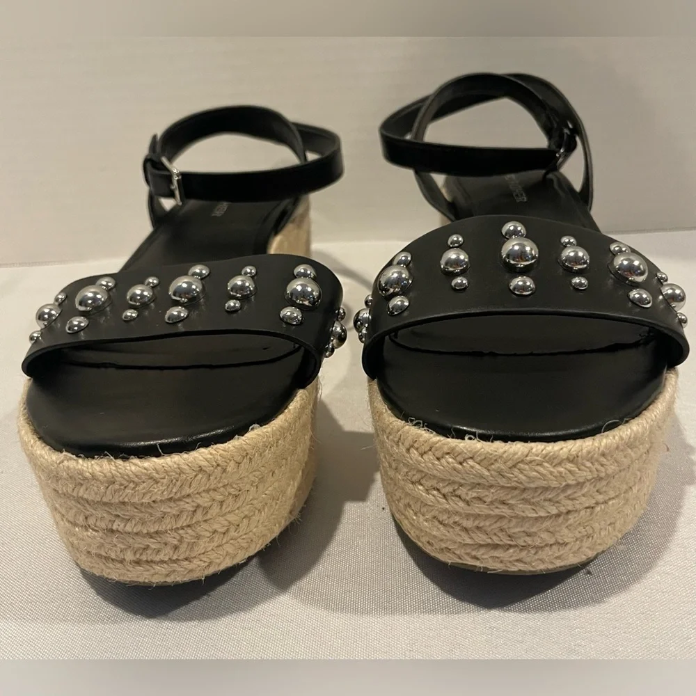 Marc Fisher Joyce Espadrille Studded Black Tan Platform Sandal Womens Size 8 1/2